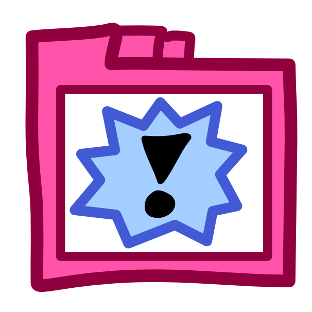  a pink filing folder with a white square on the front, inside the square is a spiky blue bubble shape with a black exclamation mark in it.